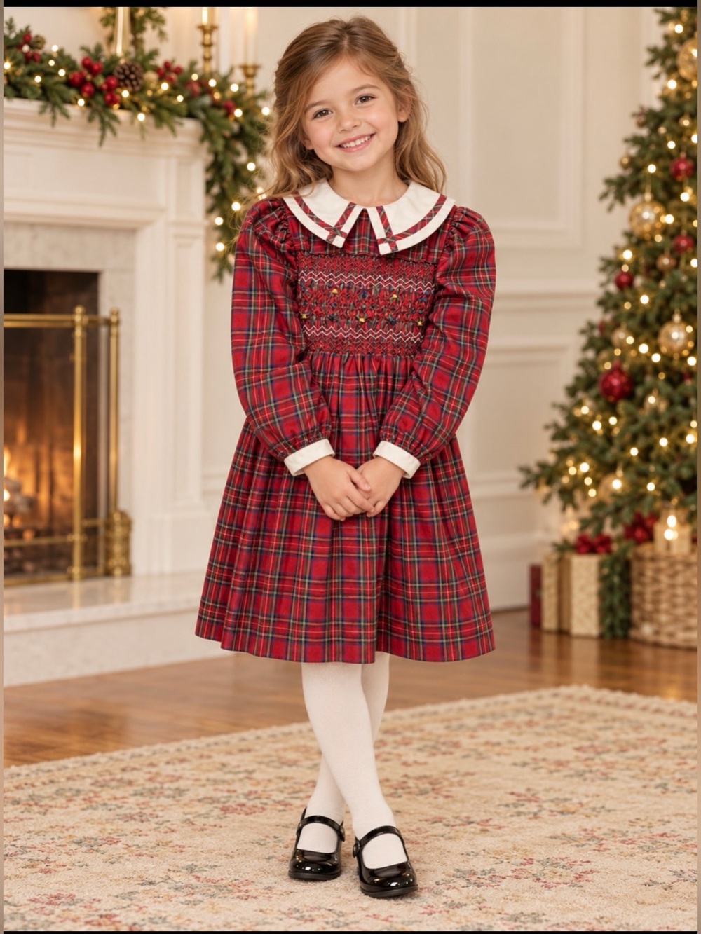 Polly Finders Red plaid smocked with plaid trimmed collar and tie bow 6X